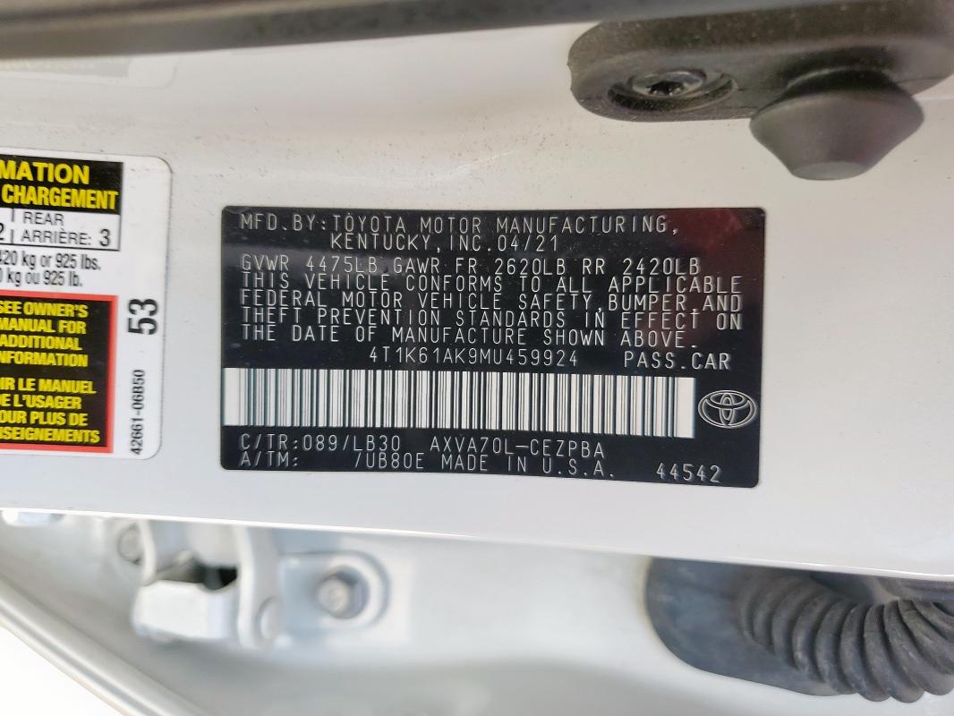 2021 TOYOTA CAMRY XSE 4T1K61AK9MU459924