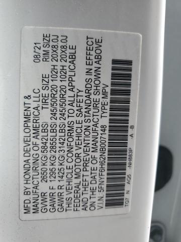 2022 HONDA PILOT TOUR 5FNYF6H62NB007148