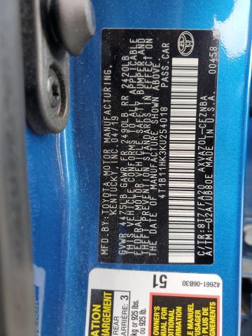 2019 TOYOTA CAMRY L 4T1B11HK3KU254018