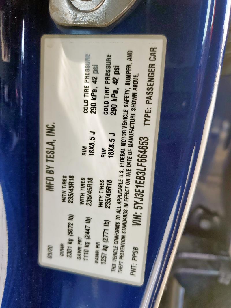 2020 TESLA MODEL 3 5YJ3E1EB3LF664653