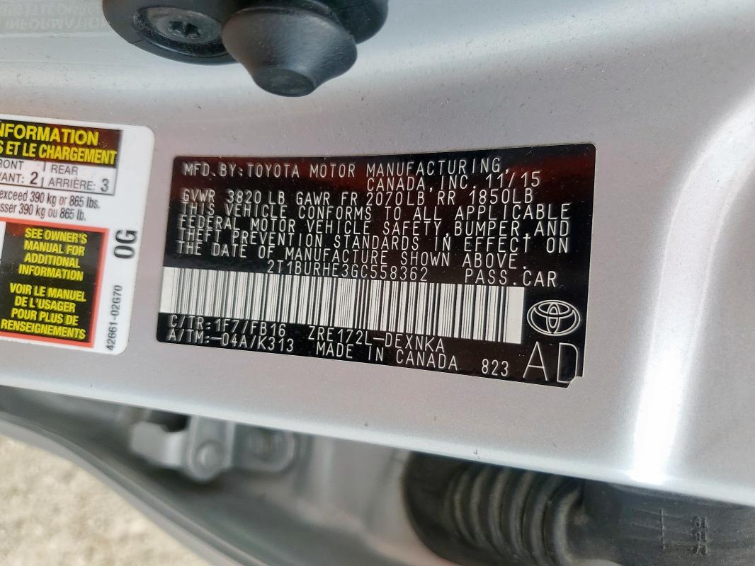 2016 TOYOTA COROLLA L 2T1BURHE3GC558362