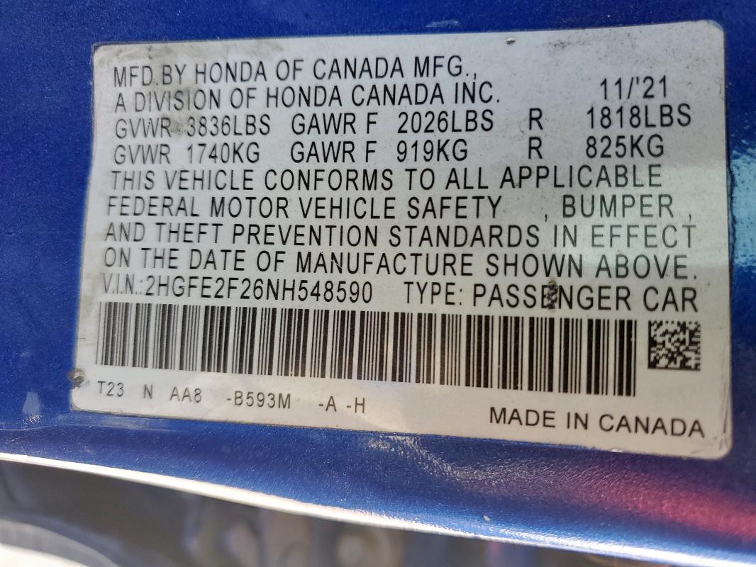 2022 HONDA CIVIC LX - 2HGFE2F26NH548590