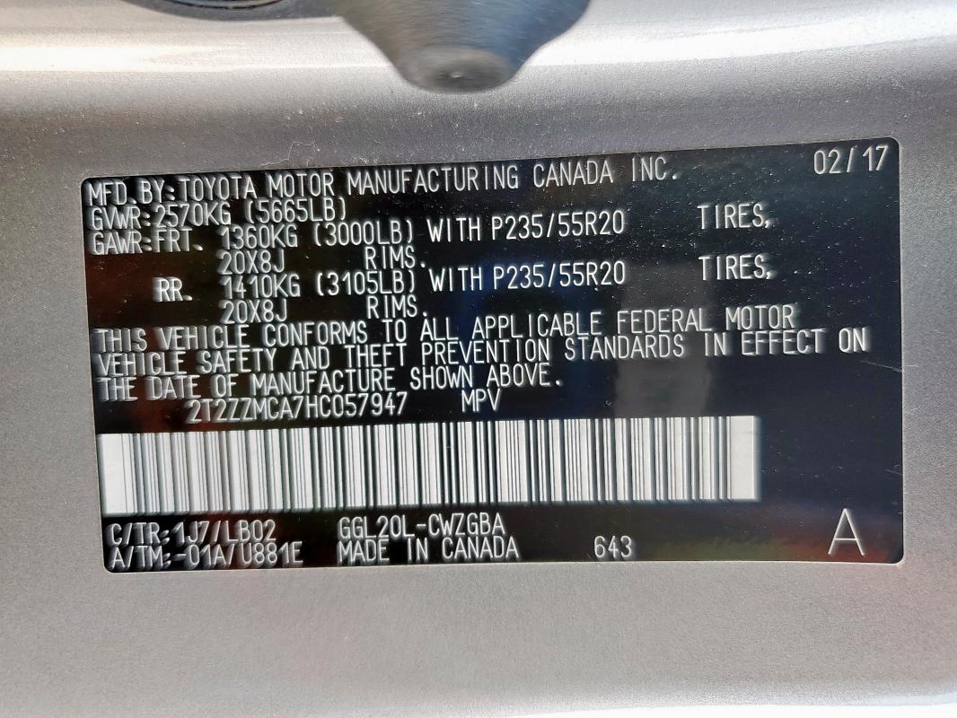 2017 LEXUS RX 350 BAS 2T2ZZMCA7HC057947