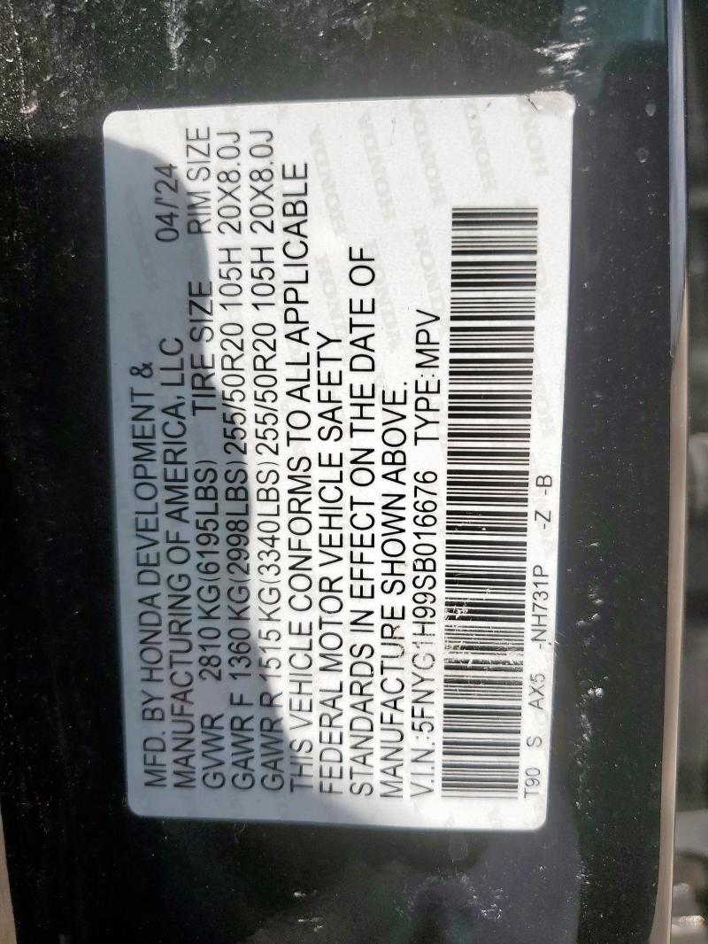 2025 HONDA PILOT BLAC 5FNYG1H99SB016676