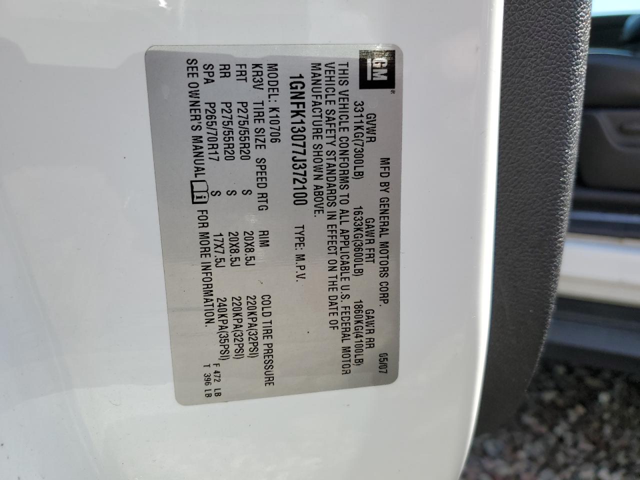 Lot #3308215219 2007 CHEVROLET TAHOE K150