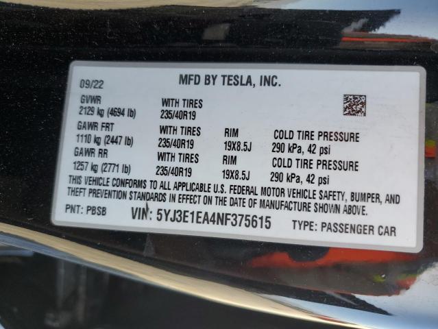 2022 TESLA MODEL 3 - 5YJ3E1EA4NF375615