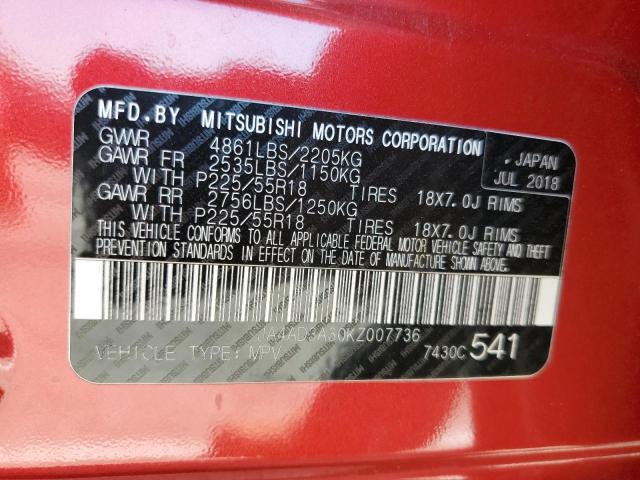 2019 MITSUBISHI OUTLANDER JA4AD3A30KZ007736