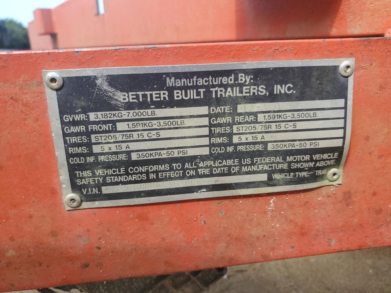 Lot #3220391644 2020 BETTER BUILT UTILITY TR