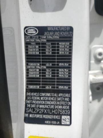 2020 LAND ROVER RANGE ROVE SALZP2FX1LH075839