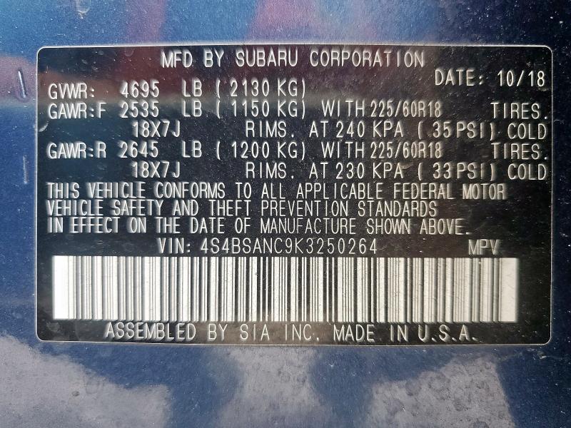 2019 SUBARU OUTBACK 2.5I LIMITED 4S4BSANC9K3250264