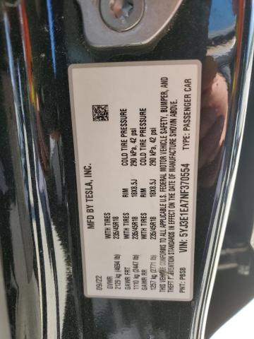 2022 TESLA MODEL 3 5YJ3E1EA7NF370554