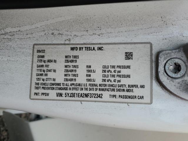 2022 TESLA MODEL 3 5YJ3E1EA2NF372342