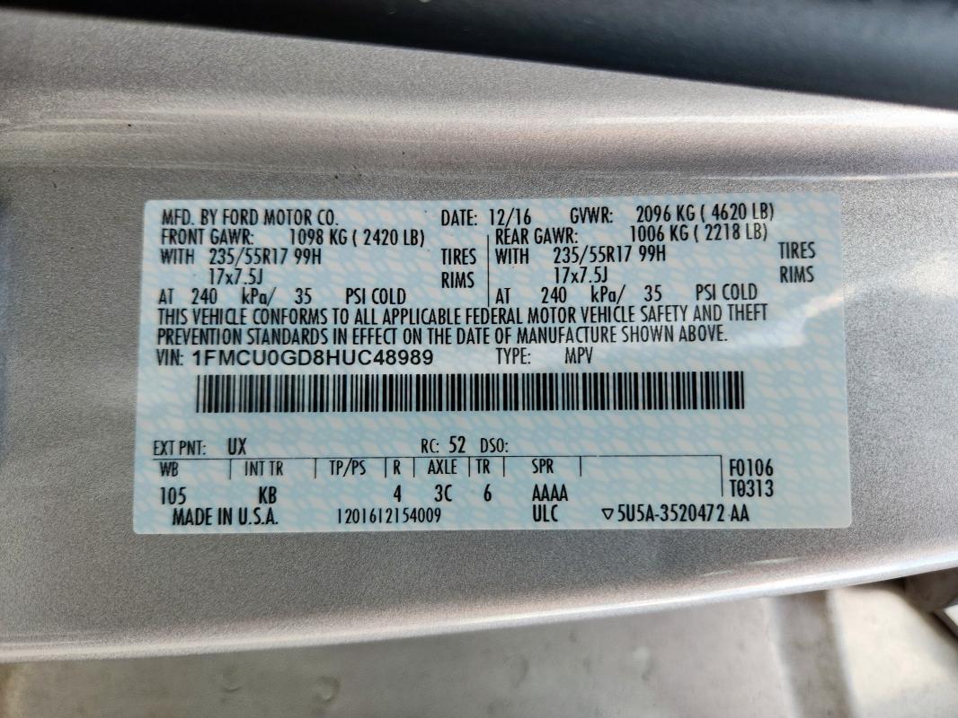 2017 FORD ESCAPE SE 1FMCU0GD8HUC48989