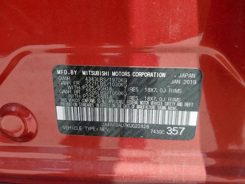 2019 MITSUBISHI OUTLANDER JA4AP3AU7KU022828