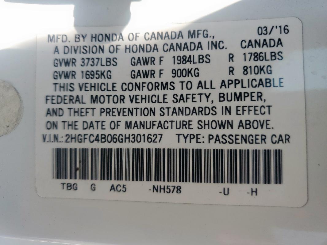 2016 HONDA CIVIC LX 2HGFC4B06GH301627