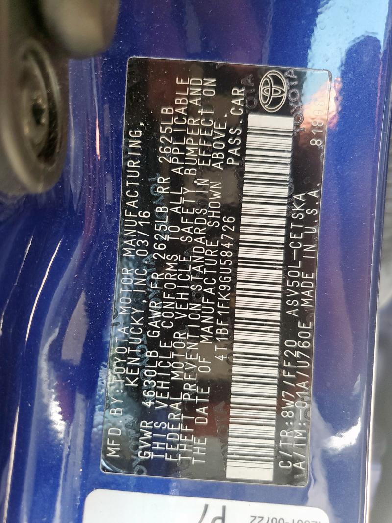 2016 TOYOTA CAMRY LE 4T1BF1FK9GU584726