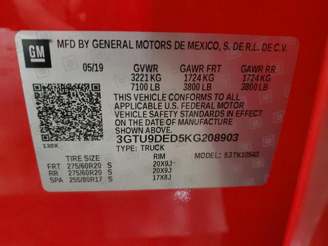 2019 GMC SIERRA K15 3GTU9DED5KG208903