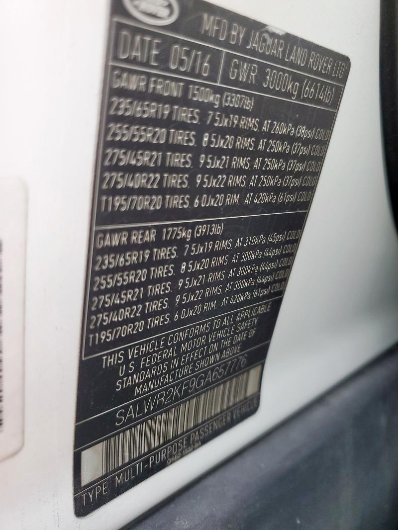 2016 LAND ROVER RANGE ROVER SPORT HSE SALWR2KF9GA657776