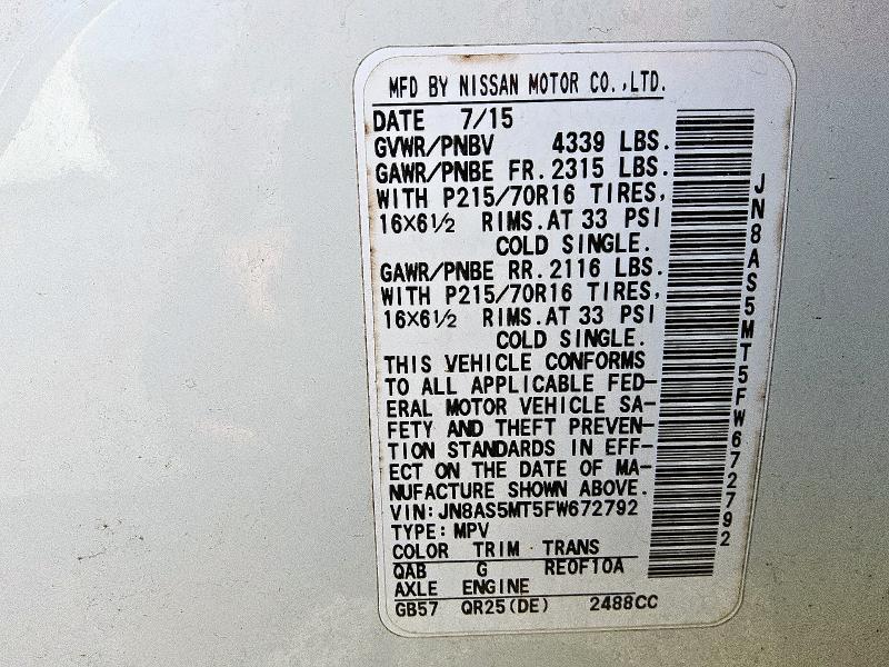 2015 NISSAN ROGUE SELE JN8AS5MT5FW672792