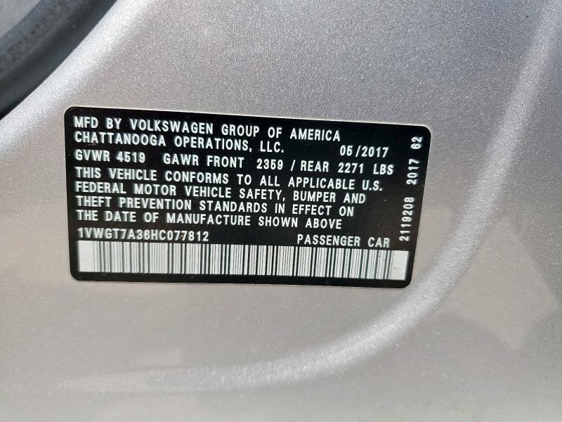 2017 VOLKSWAGEN PASSAT SE 1VWGT7A36HC077812