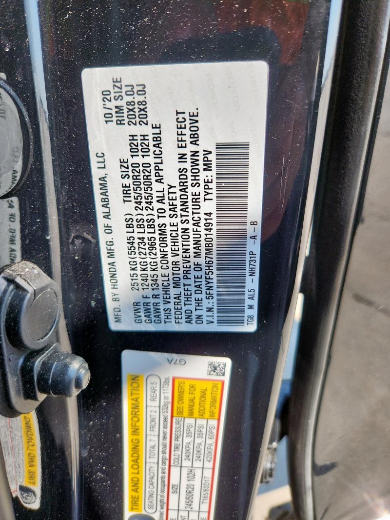 2021 HONDA PILOT TOUR 5FNYF5H67MB014914