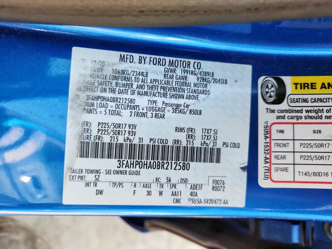 2011 FORD FUSION SE - 3FAHP0HA0BR212580