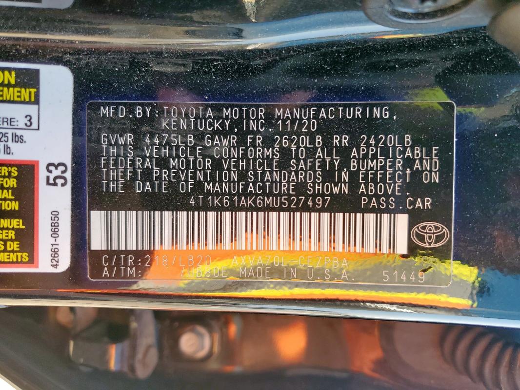 2021 TOYOTA CAMRY XSE 4T1K61AK6MU527497