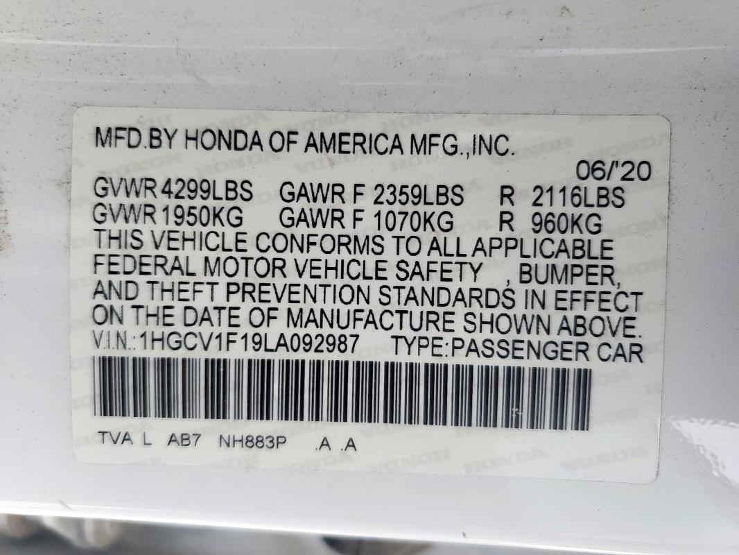 2020 HONDA ACCORD LX - 1HGCV1F19LA092987