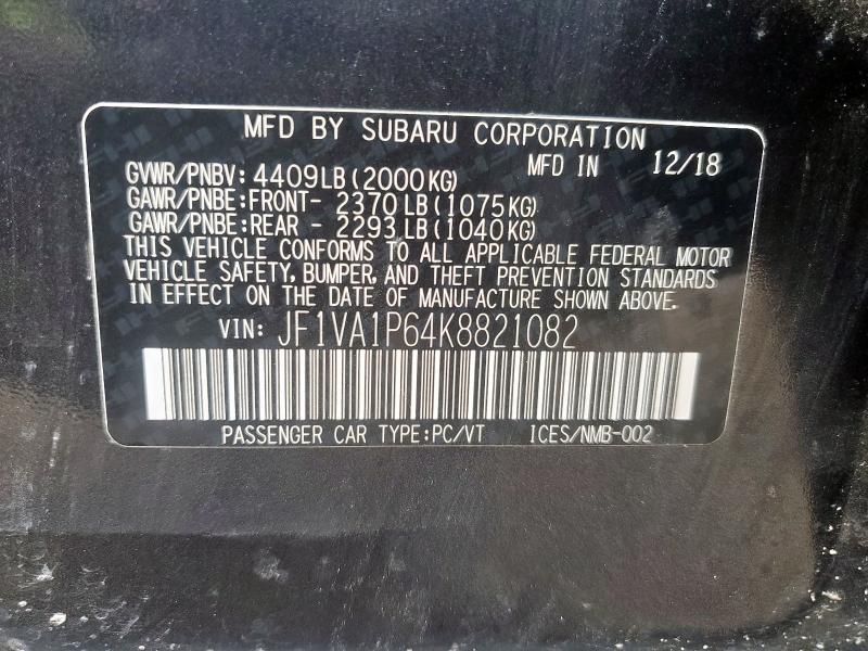 2019 SUBARU WRX LIMITED JF1VA1P64K8821082