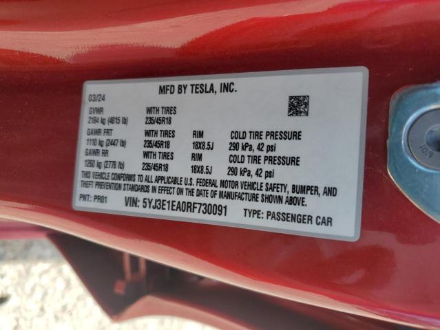 2024 TESLA MODEL 3 5YJ3E1EA0RF730091