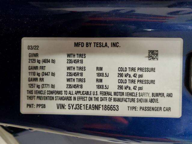 2022 TESLA MODEL 3 5YJ3E1EA9NF186653