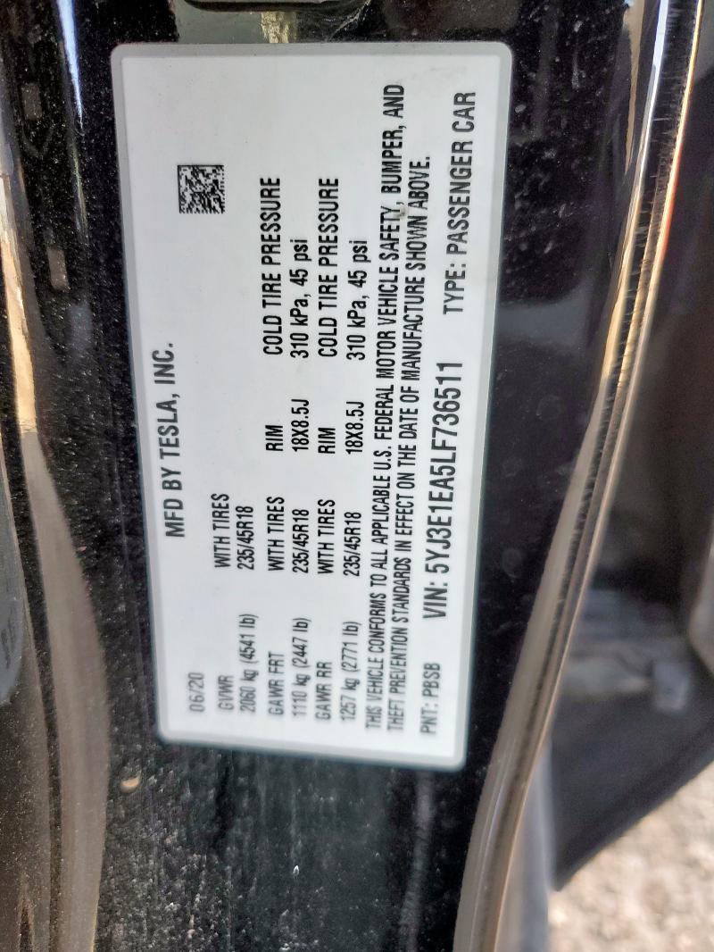 2020 TESLA MODEL 3 5YJ3E1EA5LF736511