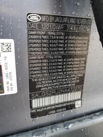 2022 LAND ROVER RANGE ROVE SALGS2RU2NA472270