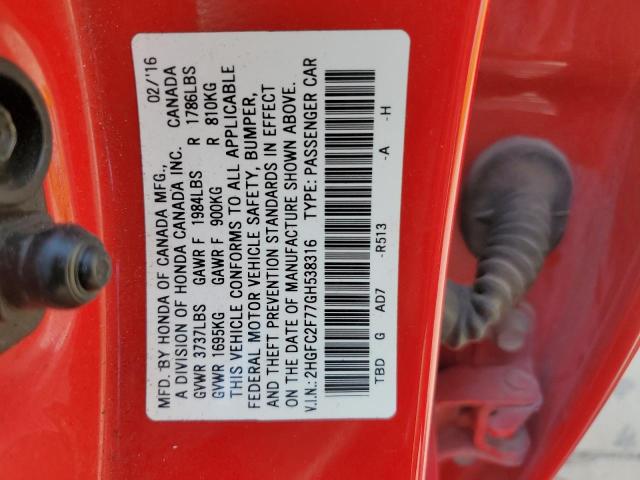 2016 HONDA CIVIC EX 2HGFC2F77GH538316