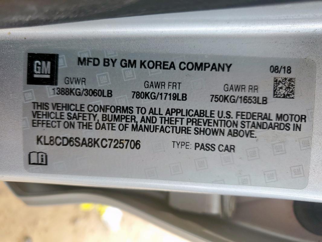 2019 CHEVROLET SPARK 1LT KL8CD6SA8KC725706