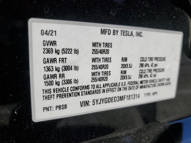 2021 TESLA MODEL Y 5YJYGDED3MF181314