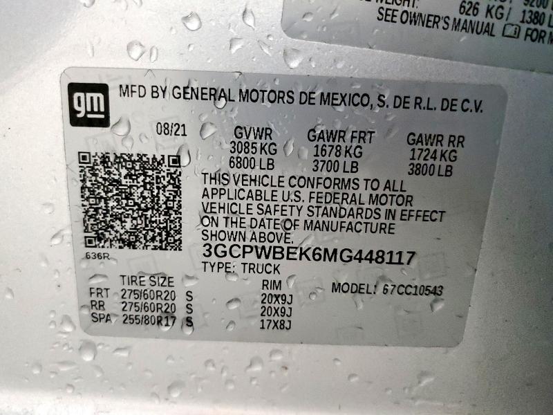 2021 CHEVROLET SILVERADO 3GCPWBEK6MG448117