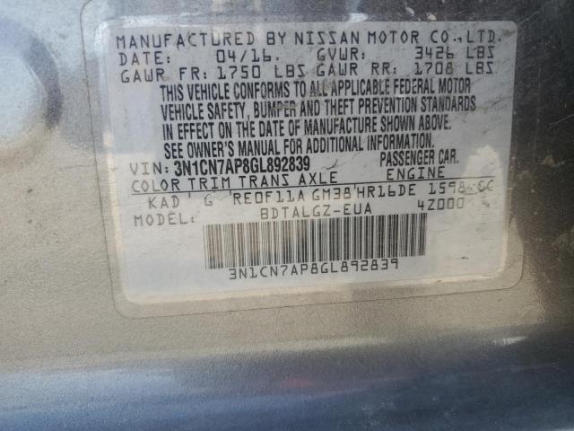 2016 NISSAN VERSA S 3N1CN7AP8GL892839