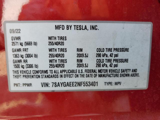 2022 TESLA MODEL Y 7SAYGAEE2NF553401