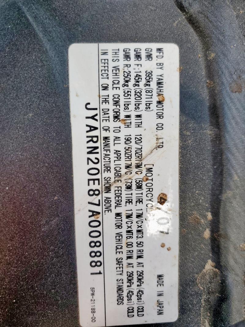 2007 YAMAHA YZFR1 - JYARN20E87A008881