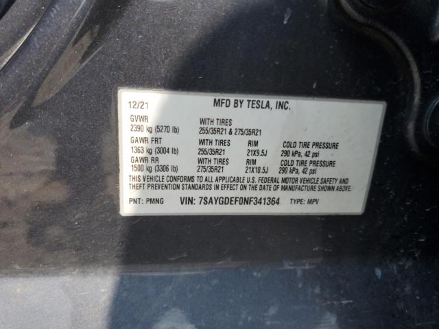 2022 TESLA MODEL Y 7SAYGDEF0NF341364