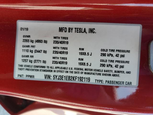 2019 TESLA MODEL 3 5YJ3E1EB2KF192119