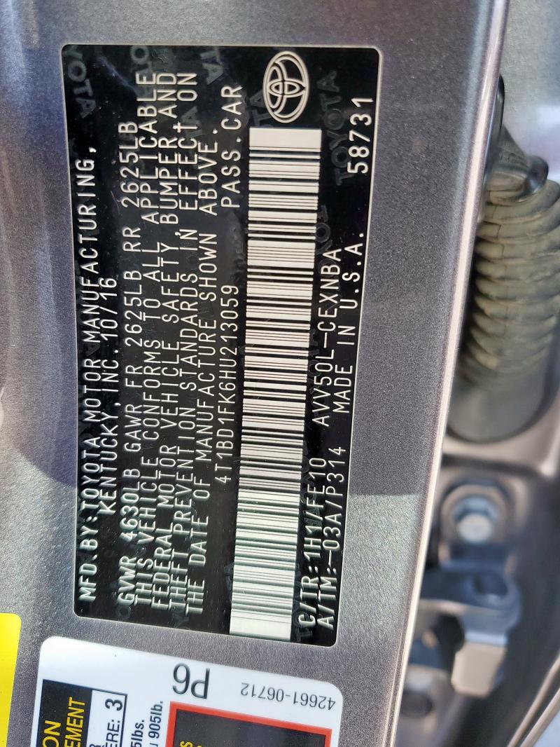 2017 TOYOTA CAMRY HYBR 4T1BD1FK6HU213059