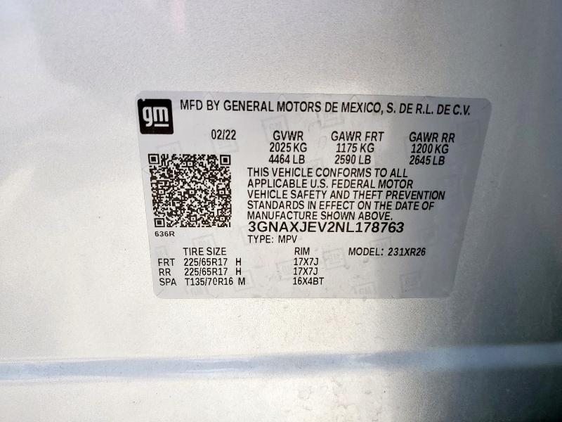 2022 CHEVROLET EQUINOX LT 3GNAXJEV2NL178763