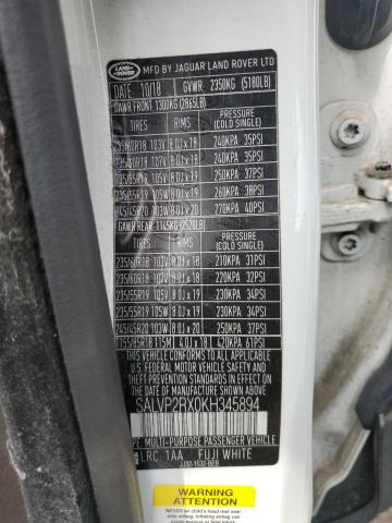 2019 LAND ROVER RANGE ROVE SALVP2RX0KH345894