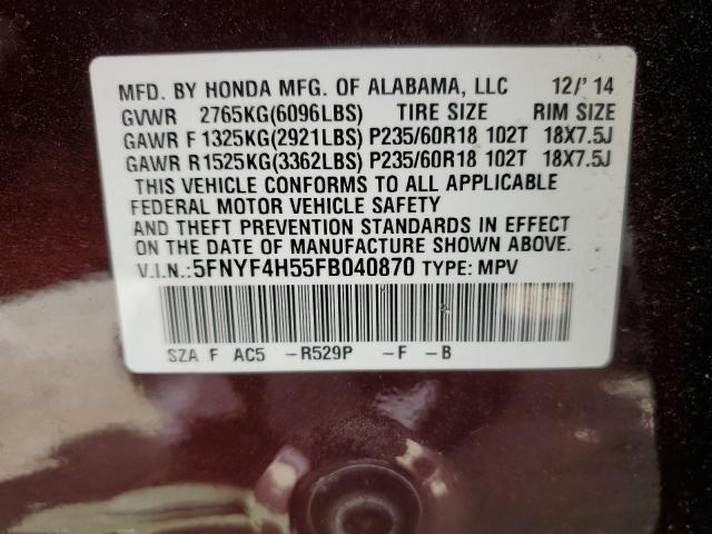 2015 HONDA PILOT EXL 5FNYF4H55FB040870