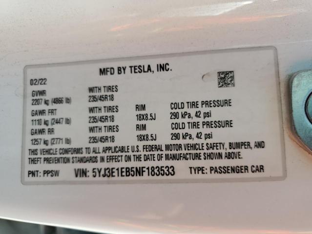 2022 TESLA MODEL 3 5YJ3E1EB5NF183533