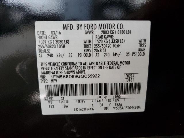 2016 FORD EXPLORER XLT 1FM5K8D89GGC55922