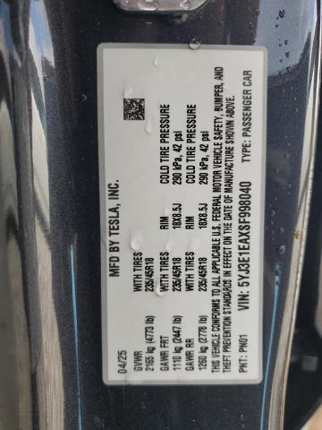 2025 TESLA MODEL 3 5YJ3E1EAXSF998040