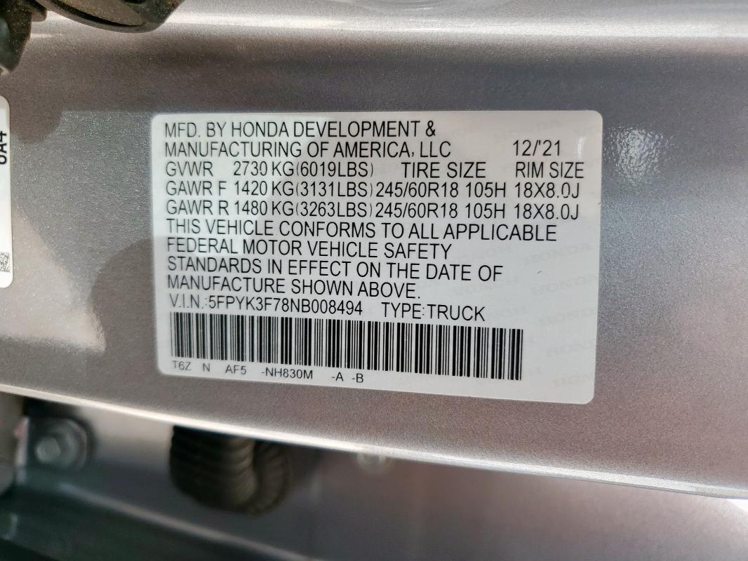 2022 HONDA RIDGELINE 5FPYK3F78NB008494